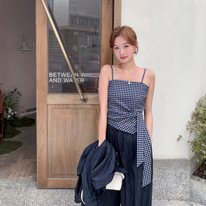 盐甜系复古牛仔三件套女2025秋季新款超好看短外套格子吊带阔腿裤图片