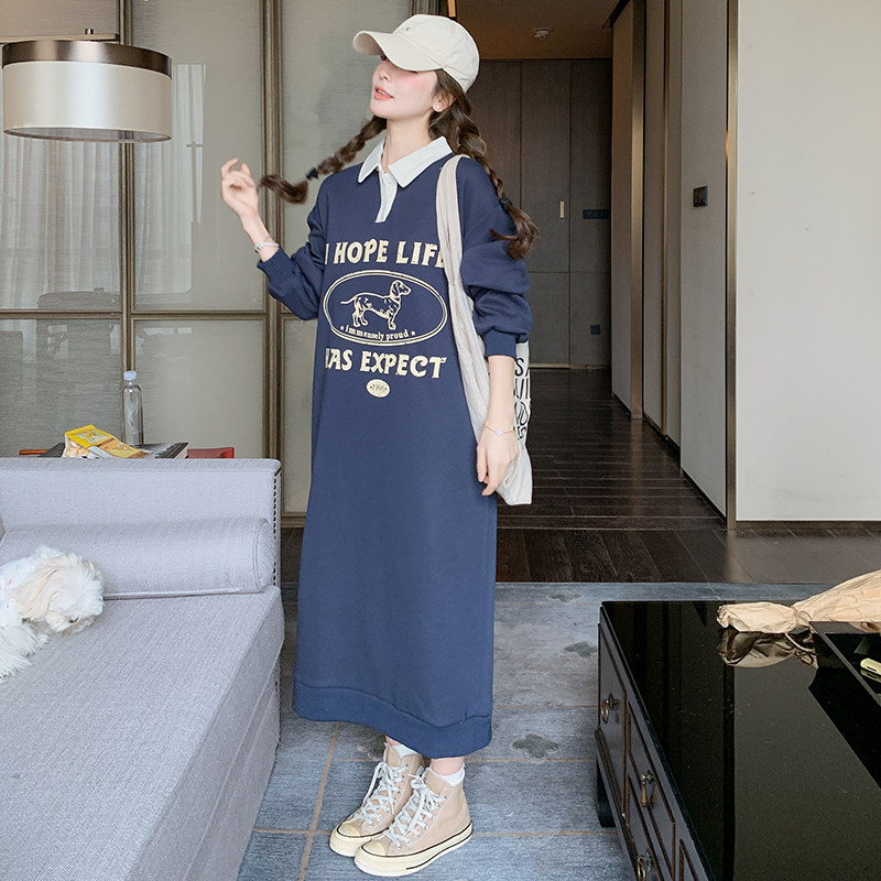 藏蓝色字母印花卫衣裙女2025春季新款韩系学院风减龄宽松休闲长裙,女装连衣裙,2D043