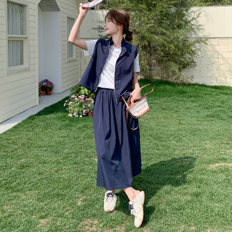 复古蕾丝拼接牛仔套装裙女2025夏新款盐甜系polo上衣半身裙两件套,女装套装/套裙,2D043