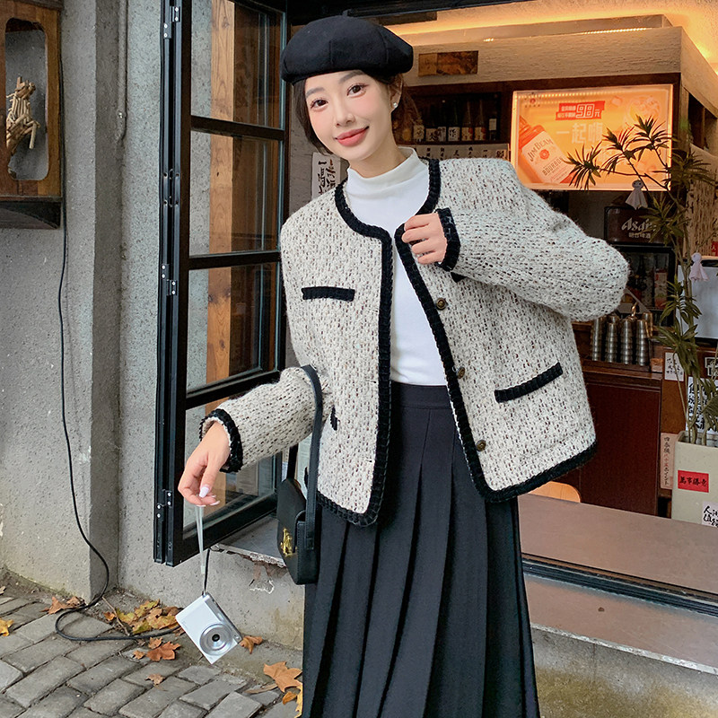 粗花呢小香风外套女2024春秋新款高级感韩版小个子别致漂亮短上衣,女装羽绒服,2C057