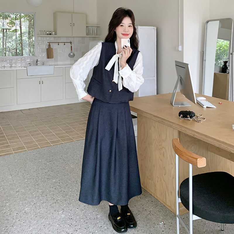 韩系小香风马甲套装裙女秋季2025新款高级感显瘦衬衫半身裙三件套,女装套装/套裙,2D078