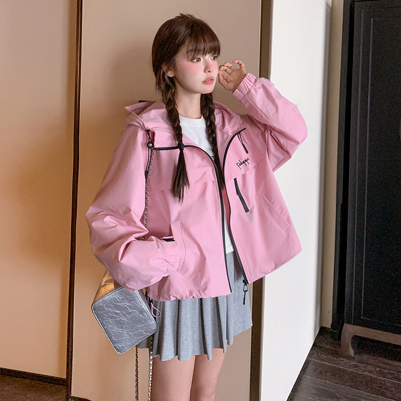 粉色小个子休闲冲锋衣女2025春季新款韩系超好看减龄百搭夹克上衣,女装短外套,2C098