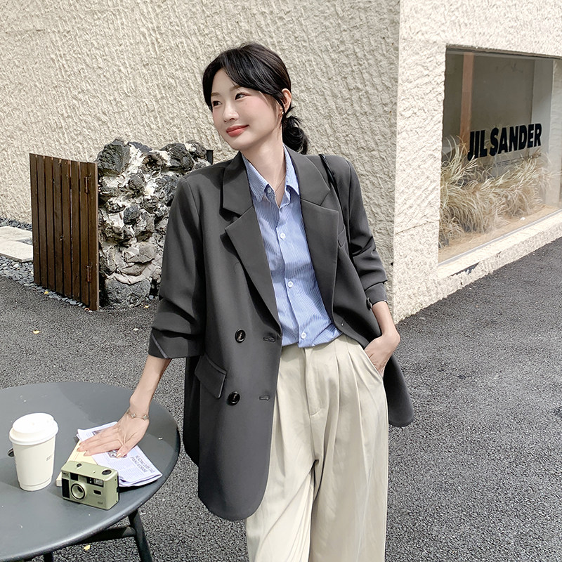 休闲宽松气质灰色西装外套女春秋2025新款小个子西服巨好看高级感,女装西装,2C092