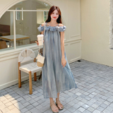 连衣裙扎染吊带仙女裙夏装纯色文艺露肩连衣裙高腰显瘦气质公主，女装连衣裙，2C233
