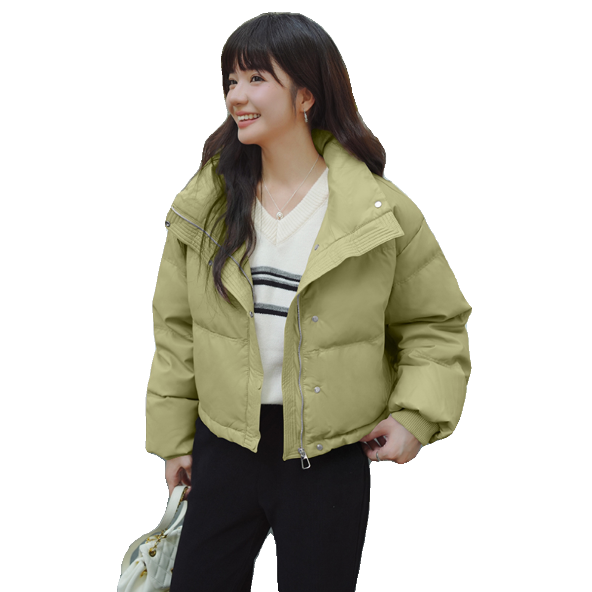 韩版PU皮小个子立领羽绒服短款白鸭绒外套2025年新款L207P200K299,女装羽绒服,2C220