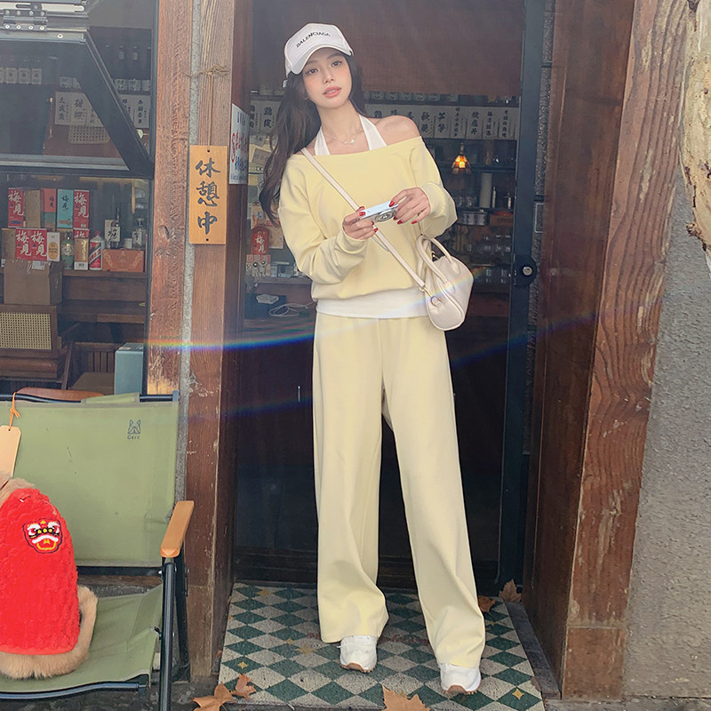 松弛感挂脖假两件上衣阔腿裤两件套套装5862-P155-K218,女装套装/套裙,2C159