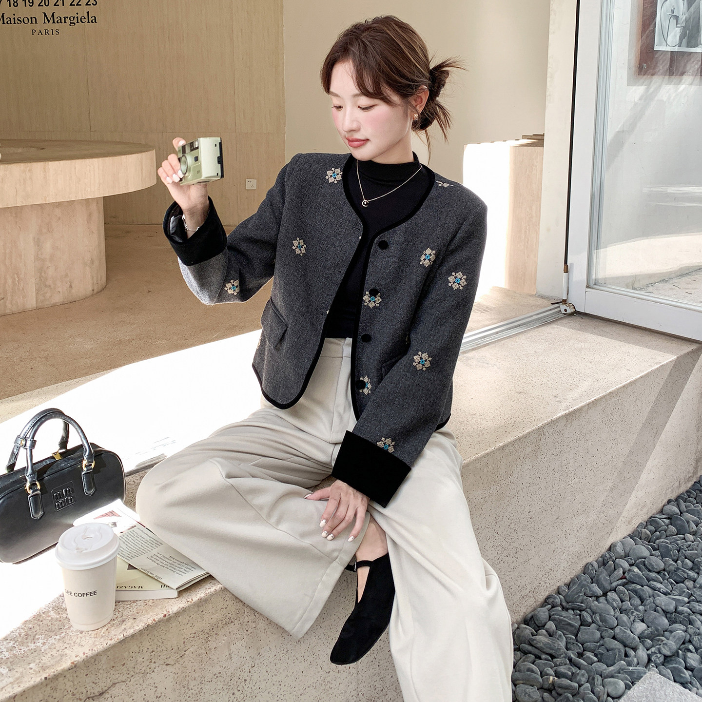 设计感复古绣花毛呢外套女2025秋季新款洋气显瘦小个子短款上衣潮,女装毛呢外套,2B142