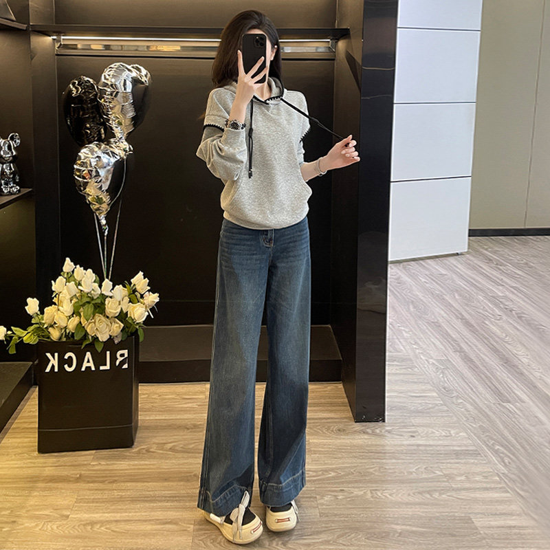 春女新款连帽套头卫衣阔腿牛仔裤减龄两件套图片