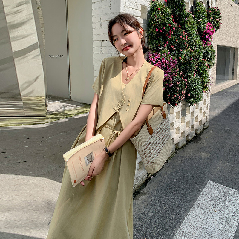 现货！薄款短袖西装吊带连衣裙两件套长裙套装5055 P155K228图片
