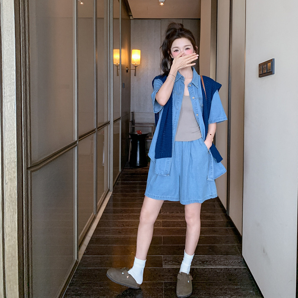 韩版复古牛仔套装女小个子2025夏新款薄款短袖衬衫阔腿短裤两件套,女装套装/套裙,2C212