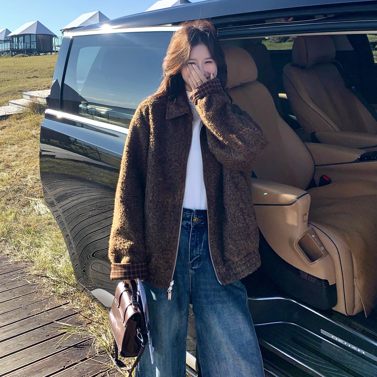 格子两面穿女外套秋冬新款宽松长袖保暖时尚咖色毛绒加厚夹克外套,女装短外套,2C166