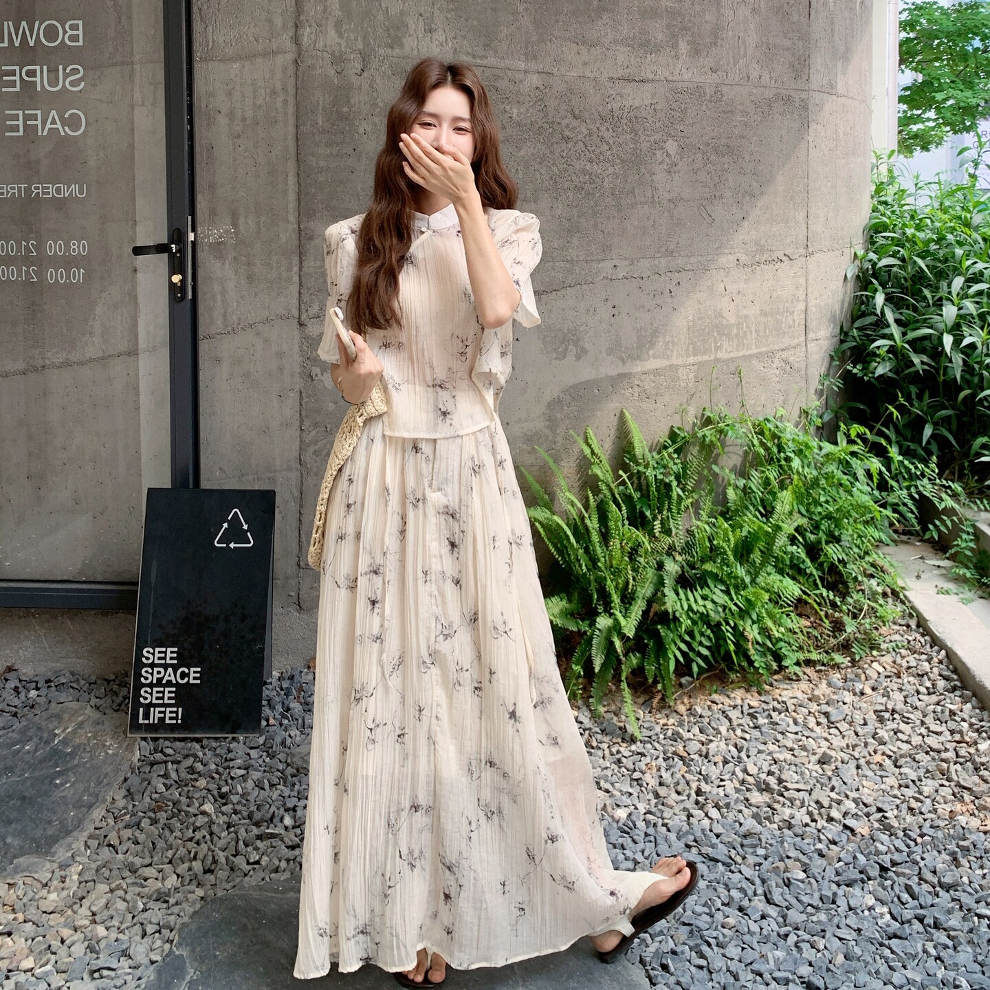 轻风淡雅印花温柔风套装裙女2025夏新款旗袍领上衣半身裙两件套,女装套装/套裙,2C159