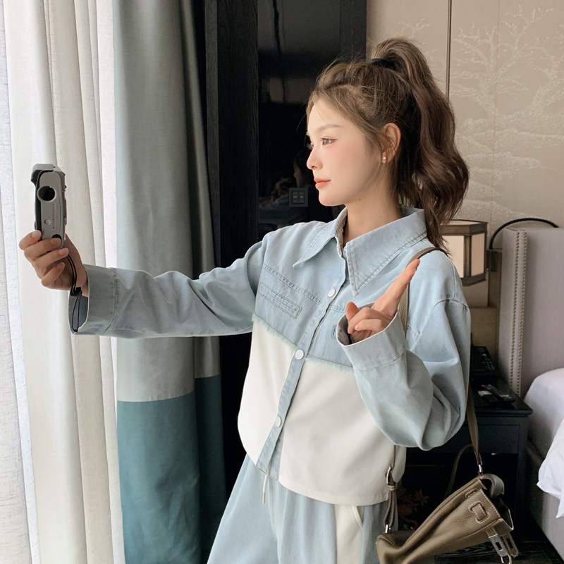 牛仔拼接休闲运动套装女2025春秋季新款韩系宽松显瘦阔腿裤两件套,女装套装/套裙,2C266