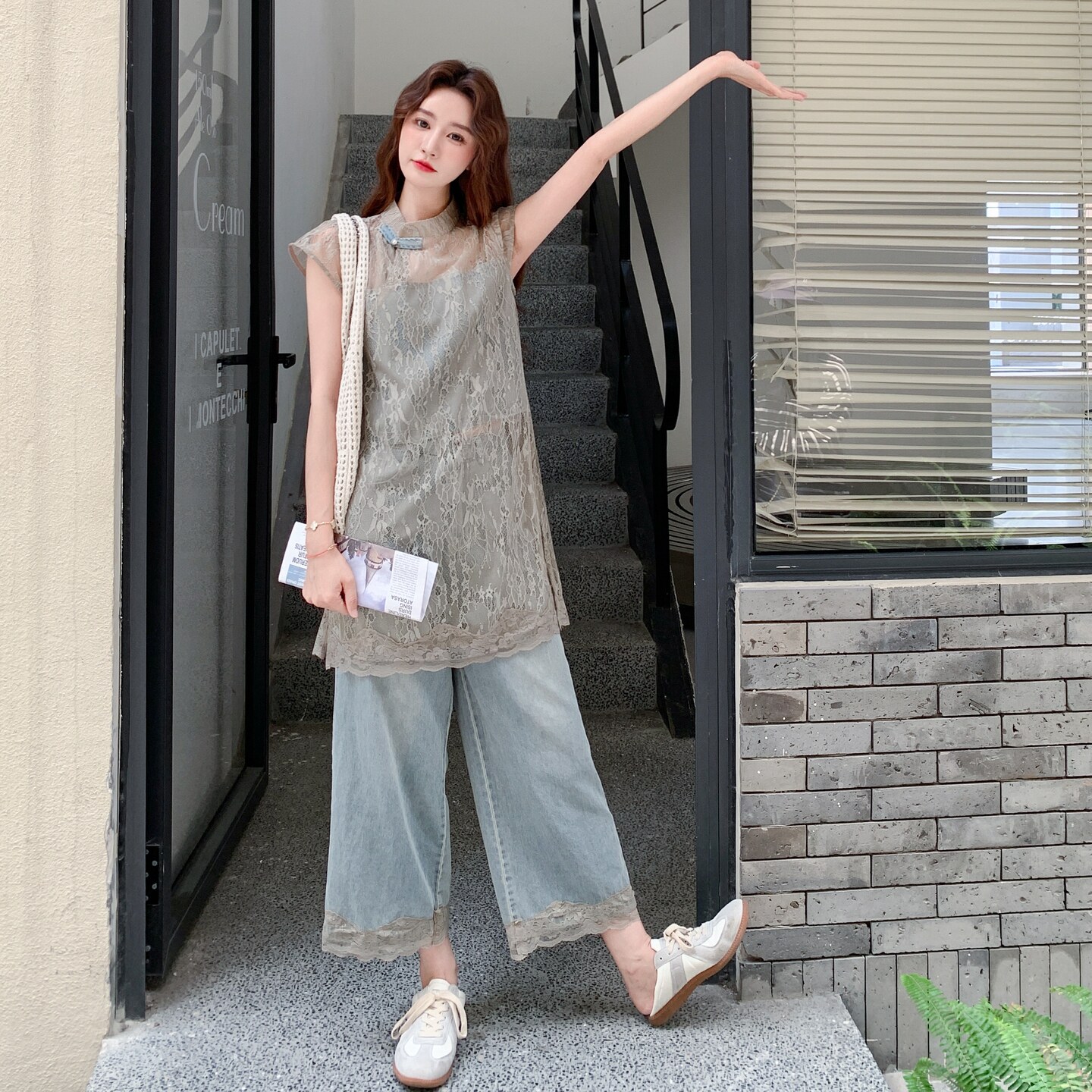 新中式独特别致套装女夏季新款显瘦蕾丝拼接牛仔上衣阔腿裤两件套,女装套装/套裙,2C271