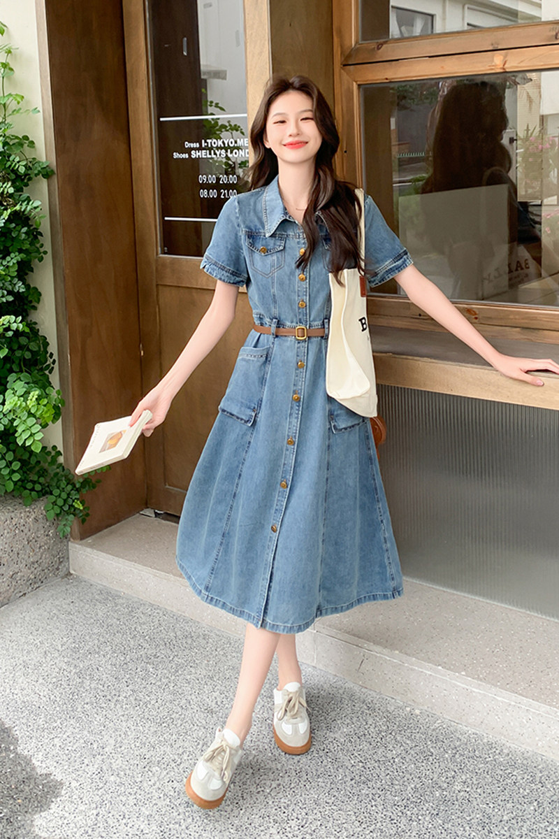 法式复古牛仔翻领连衣裙女2025年夏季新款收腰显瘦气质衬衫长裙潮,女装牛仔裙,2C030
