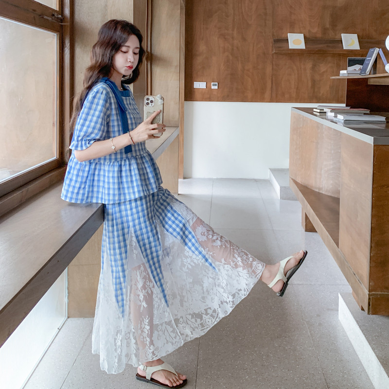 减龄感穿搭泡泡袖格子娃娃衬配拼接半身裙套装女夏2025新款两件套,女装套装/套裙,2C117