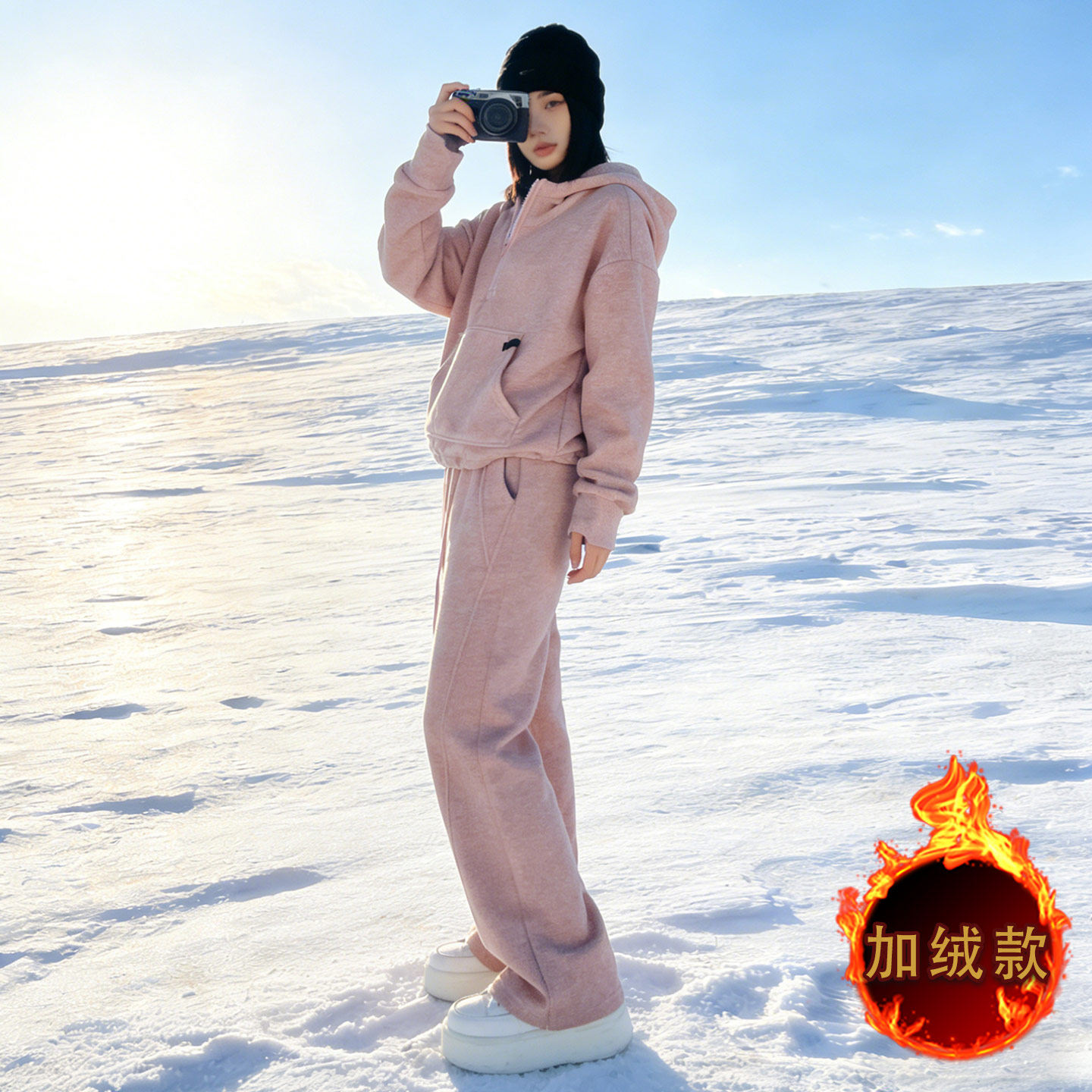 奶系穿搭休闲运动套装女秋冬季洋气时尚减龄加绒卫衣阔腿裤两件套,女装套装/套裙,2C310