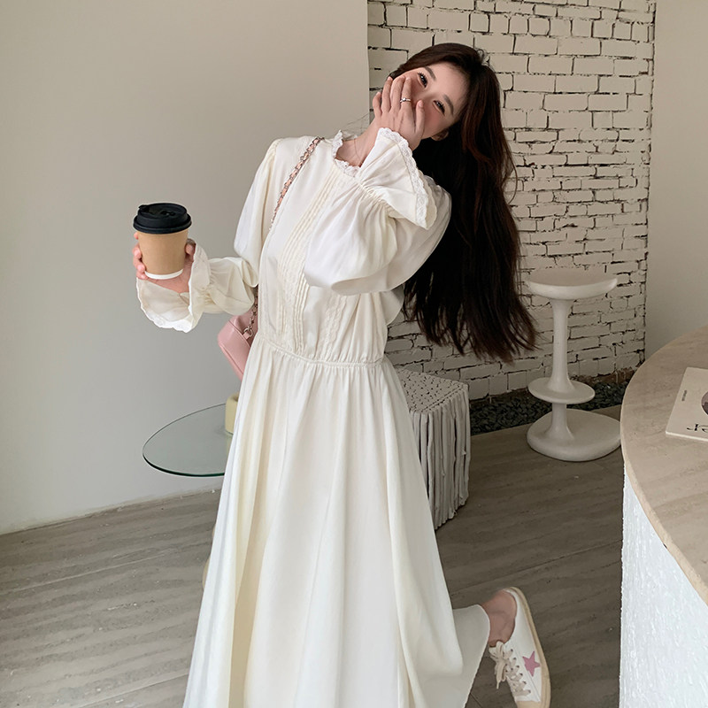 法式气质花边拼接白色连衣裙女春秋2025新款独特漂亮绝美优雅长裙,女装连衣裙,2D035