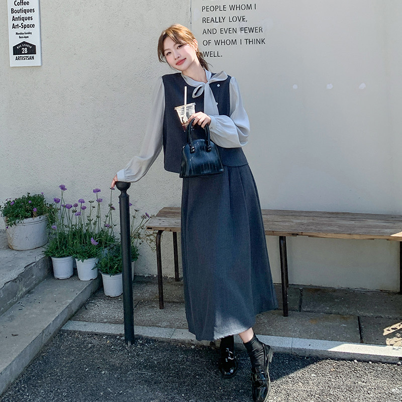 轻熟风韩系假两件拼接上衣女春季新款小个子气质显瘦半身裙两件套,女装套装/套裙,2C203
