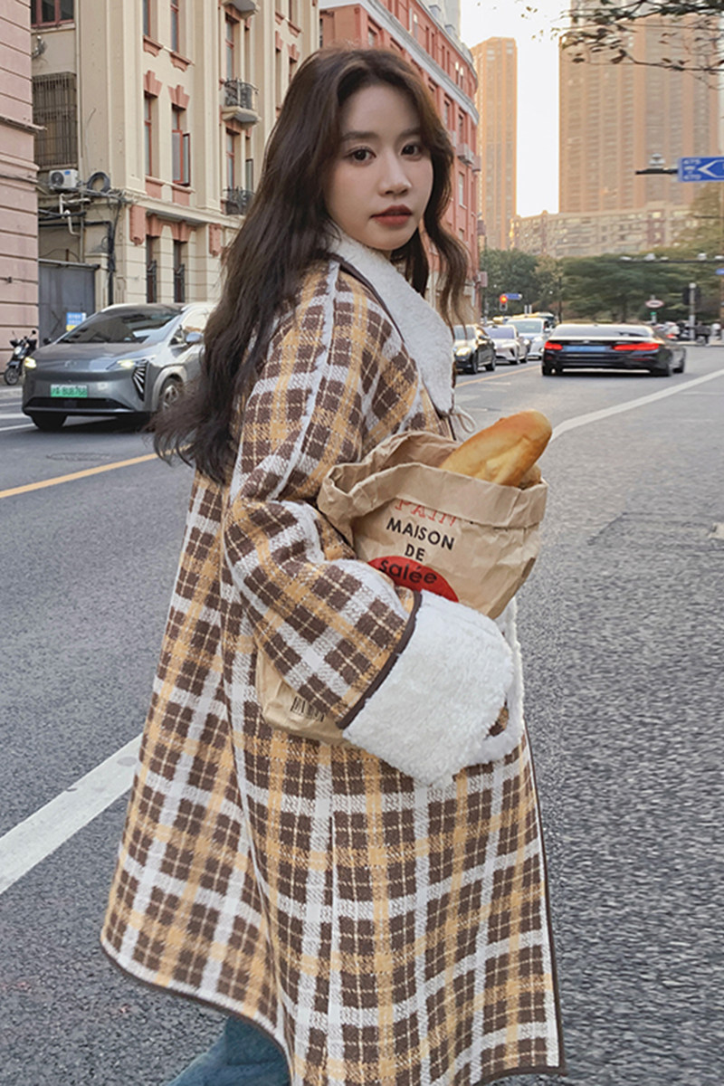 新品格子羊羔毛皮毛一体长款加厚外套2526-P225-K328,女装派克服,2C159