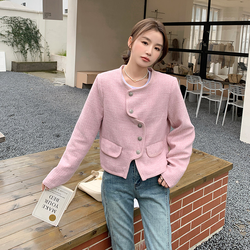 粉色不规则设计感小香风外套女2023秋新款今年流行小个子爆款上衣,女装短外套,2C053