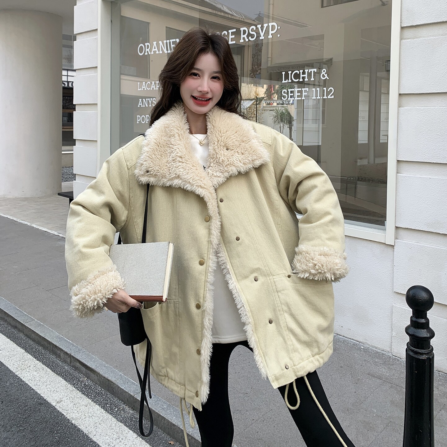 韩系羊羔毛外套女秋冬皮毛一体毛领保暖加厚立领派克服毛绒外套,女装棉衣/棉服,2C166