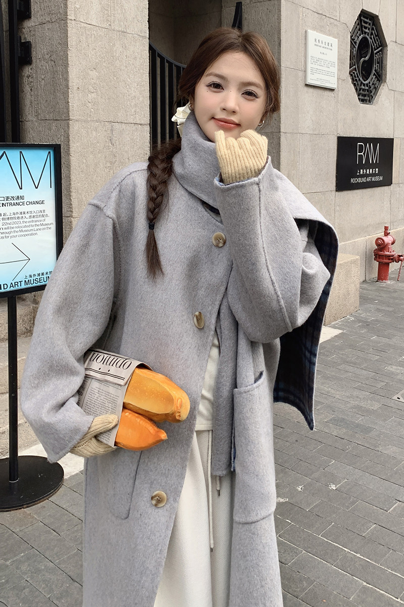 现货两面穿+围脖气质高级感羊毛呢大衣2C206-L29-P295-K398,女装毛呢外套,2C206