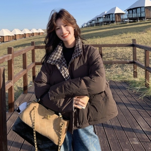 格子拼接短款羽绒服女2025冬季新款小个子休闲保暖90白鸭绒面包服图片