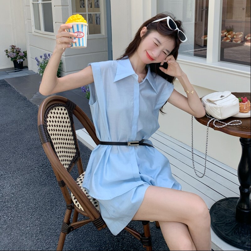 2025夏季新款韩版百搭纯色简约款设计感无袖衬衫阔腿短裤两件套女,女装套装/套裙,2C117