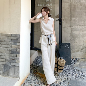 丝巾拼接衬衫阔腿裤套装女夏2025新款老钱风盐系轻熟小众两件套图片