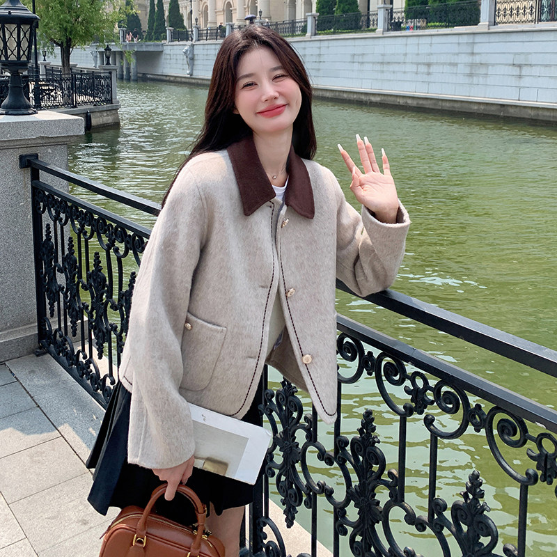 【现货】羊毛拼色双面呢羊绒大衣毛呢外套女短款P240K328图片