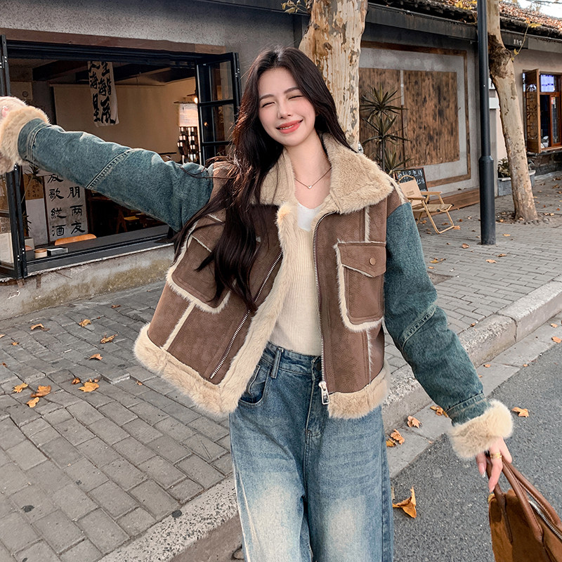 港风复古牛仔拼接皮毛一体外套女2025年冬季新款显瘦加厚棉衣棉袄,女装棉衣/棉服,2C057