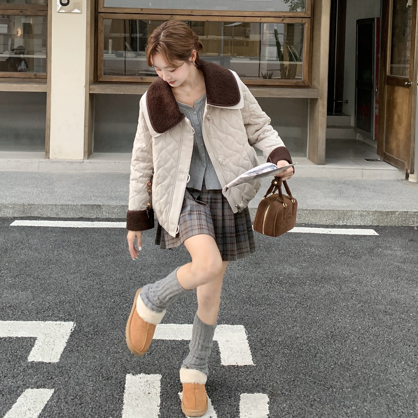 【冬装】颗粒绒拼接翻领牛角扣夹棉外套2D148-A337-P195-K290,女装棉衣/棉服,2D148