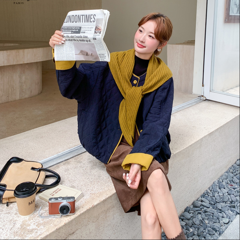 针织围巾撞色圆领菱格棉服女2025冬季新款超火流行小个子轻薄外套,女装棉衣/棉服,2C323