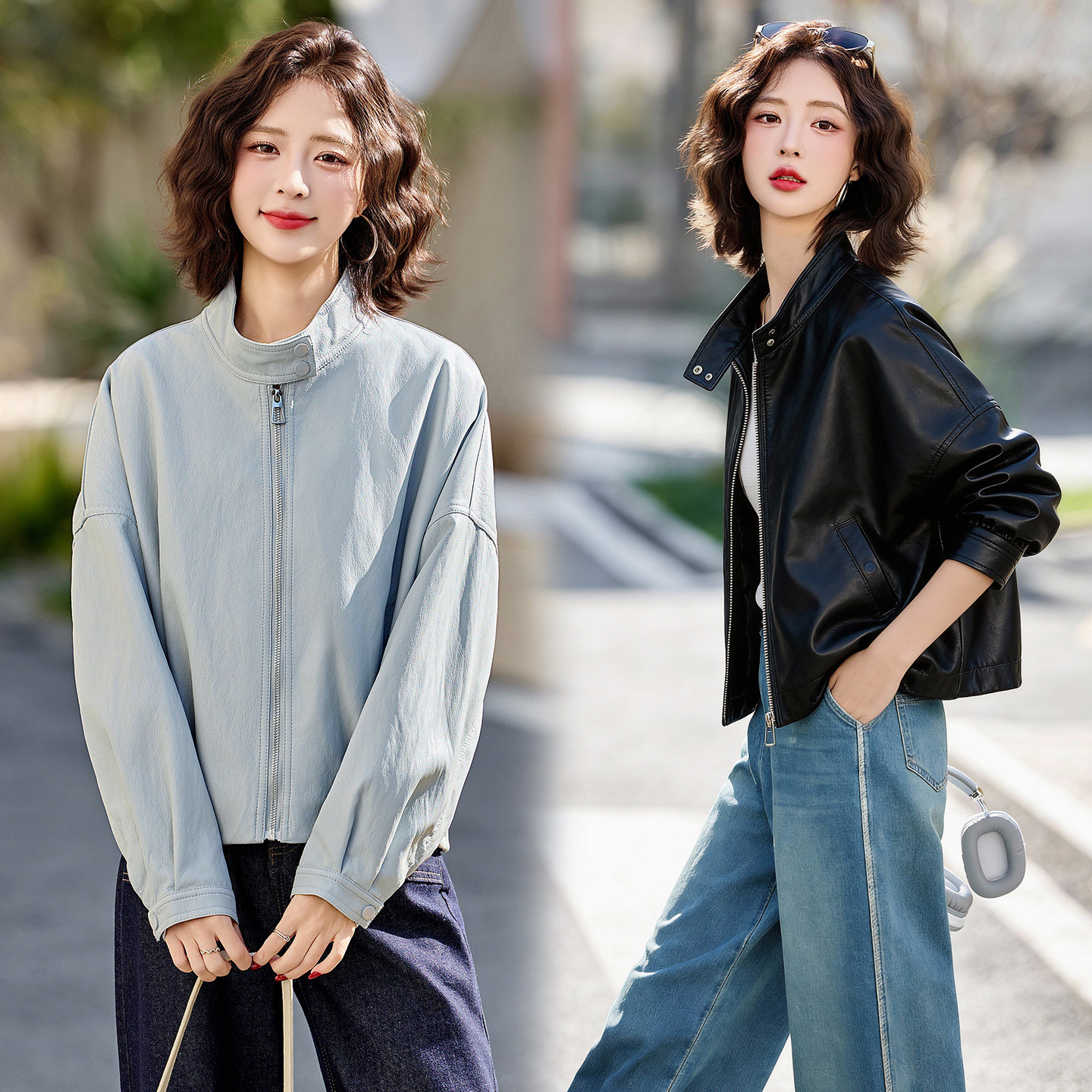 2026春季新款现货小个子洋气立领浅色皮衣短外套百搭宽松夹克,女装短外套,英标秀（1C119）