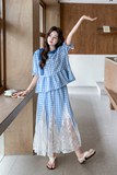 蓝色格子休闲套装裙女2025年夏季新款巨好看网纱拼接半身裙两件套，女装套装/套裙，2C117
