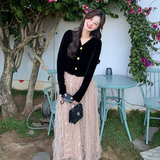 现货黑金派对金丝绒+木耳边蕾丝亮片半裙套装8802-P145-K218，女装连衣裙，2C122