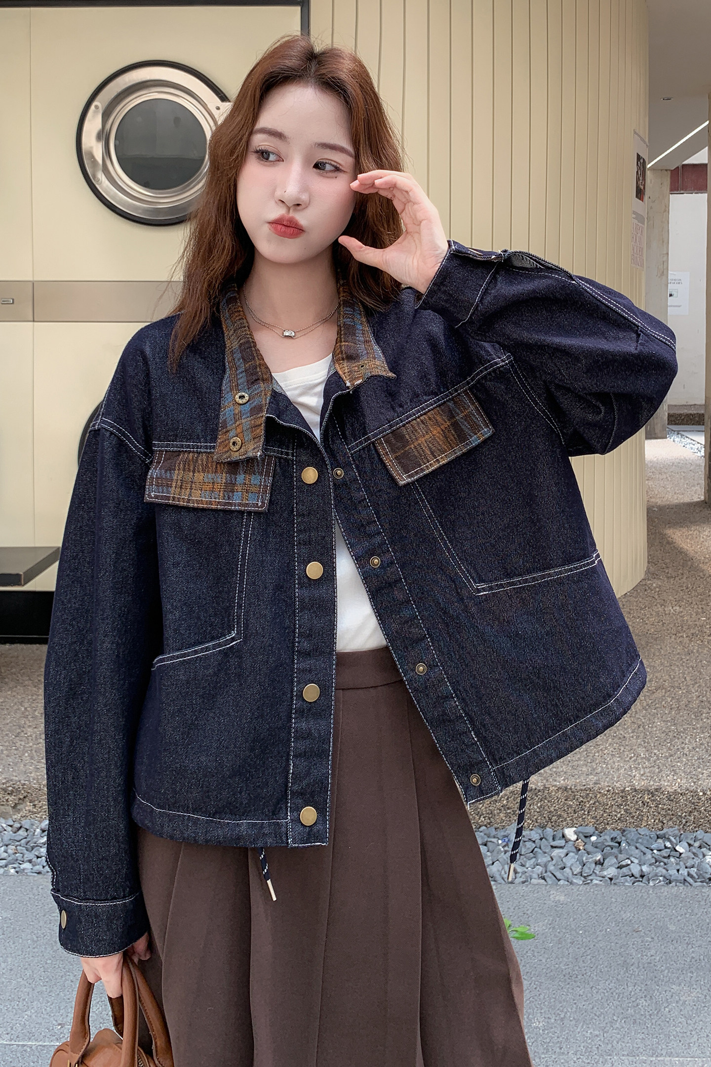 深蓝色短款立领工装牛仔外套女秋2025新款设计感韩系复古休闲夹克,女装短外套,2C306