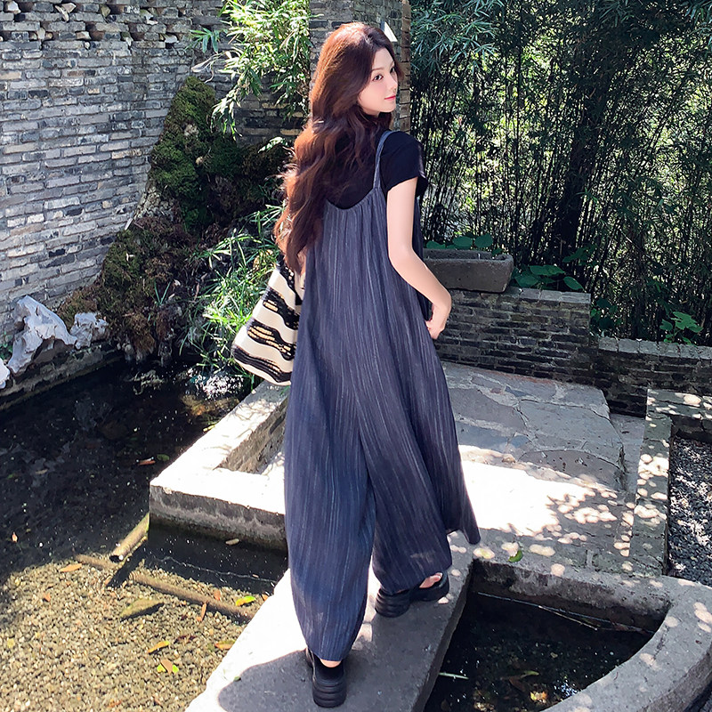 法式复古休闲背带裤T恤套装女2025夏新款慵懒风上衣阔腿裤两件套,女装休闲裤,2D009