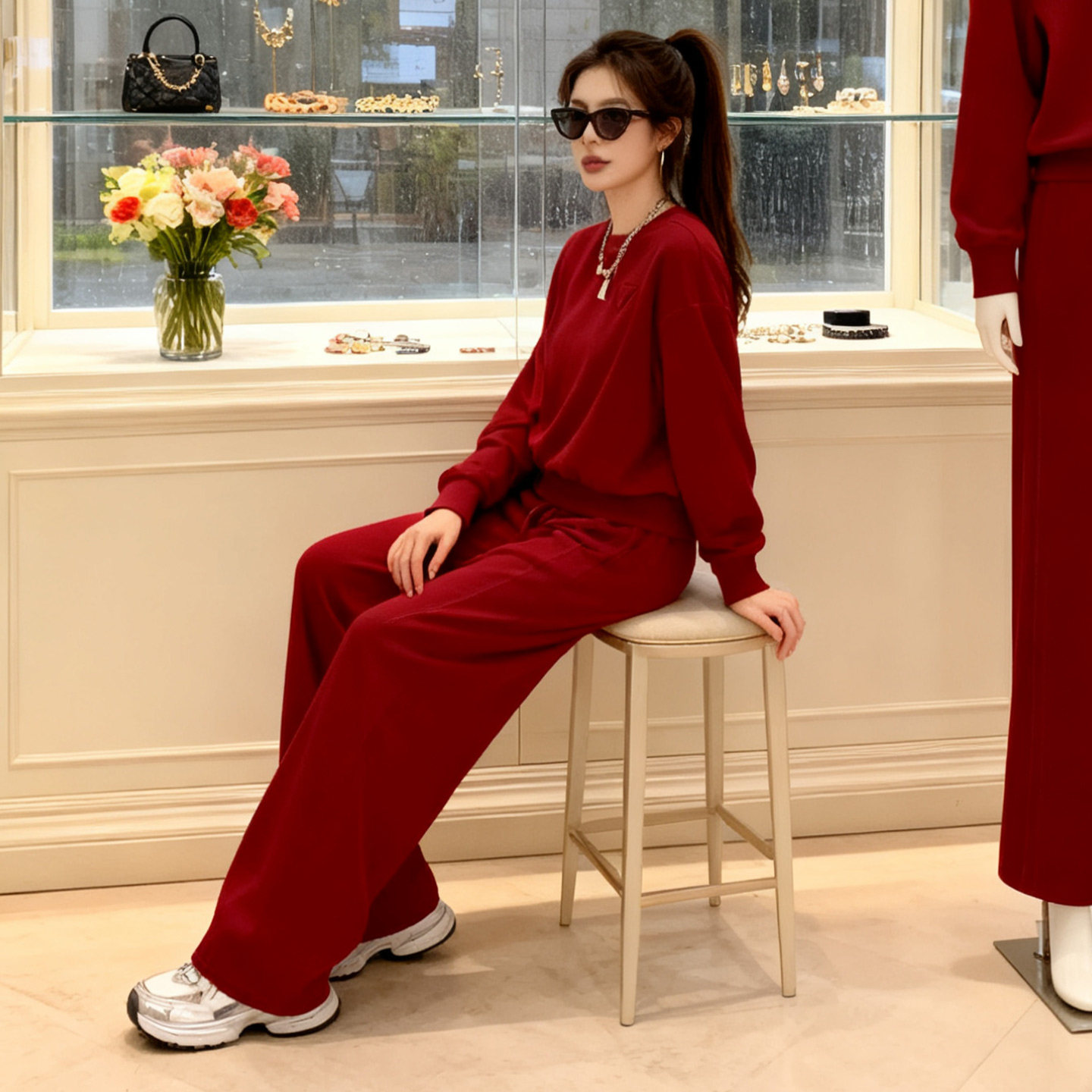 时尚潮牌运动休闲套装女春季新款宽松圆领刺绣卫衣阔腿卫裤两件套,女装套装/套裙,2C310