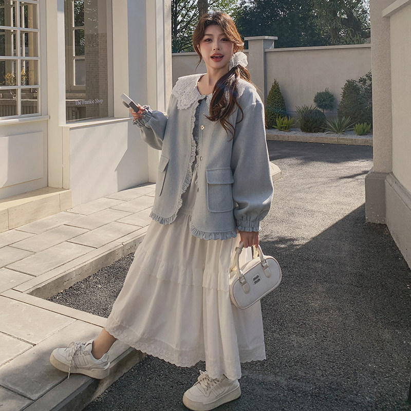 蓝色小香风蕾丝娃娃领外套女秋季2025新款木耳边宽松慵懒风夹克潮,女装短外套,2C077