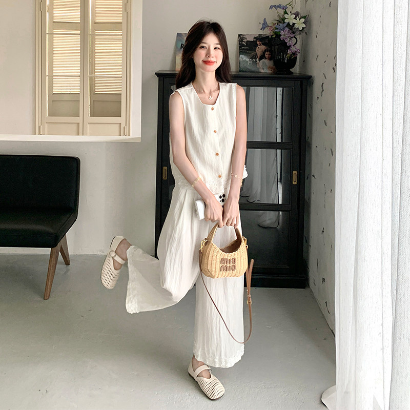 法式小香风无袖马甲时尚套装女2025夏季新款简约阔腿裤显瘦两件套,女装套装/套裙,2C022