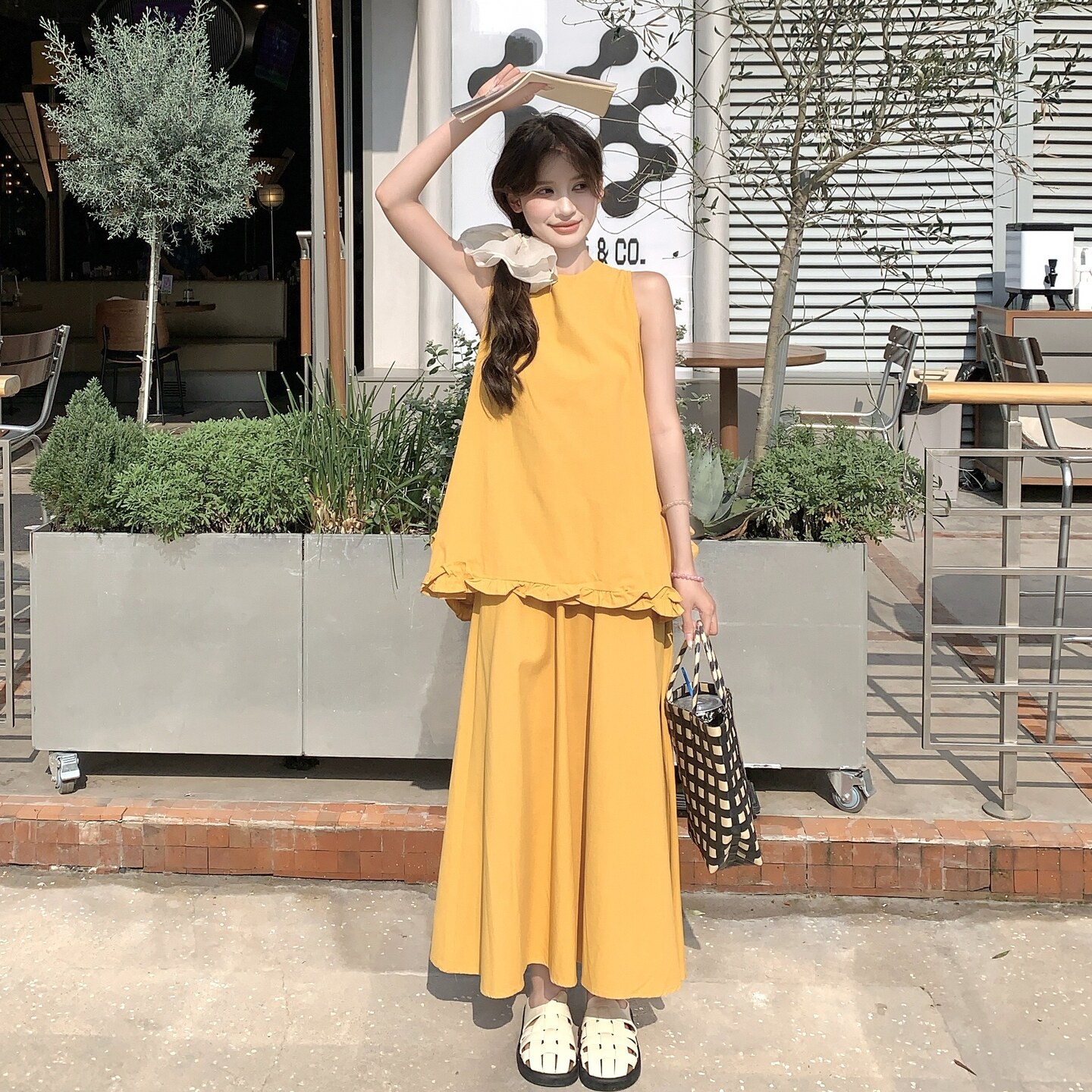 韩系穿搭一整套女2025夏季新款时尚荷叶边无袖背心连衣裙两件套装,女装套装/套裙,2C166