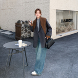 灰色韩系撞色针织披肩西装毛呢外套女秋冬2025新款轻熟风气质大衣，女装毛呢外套，2C126