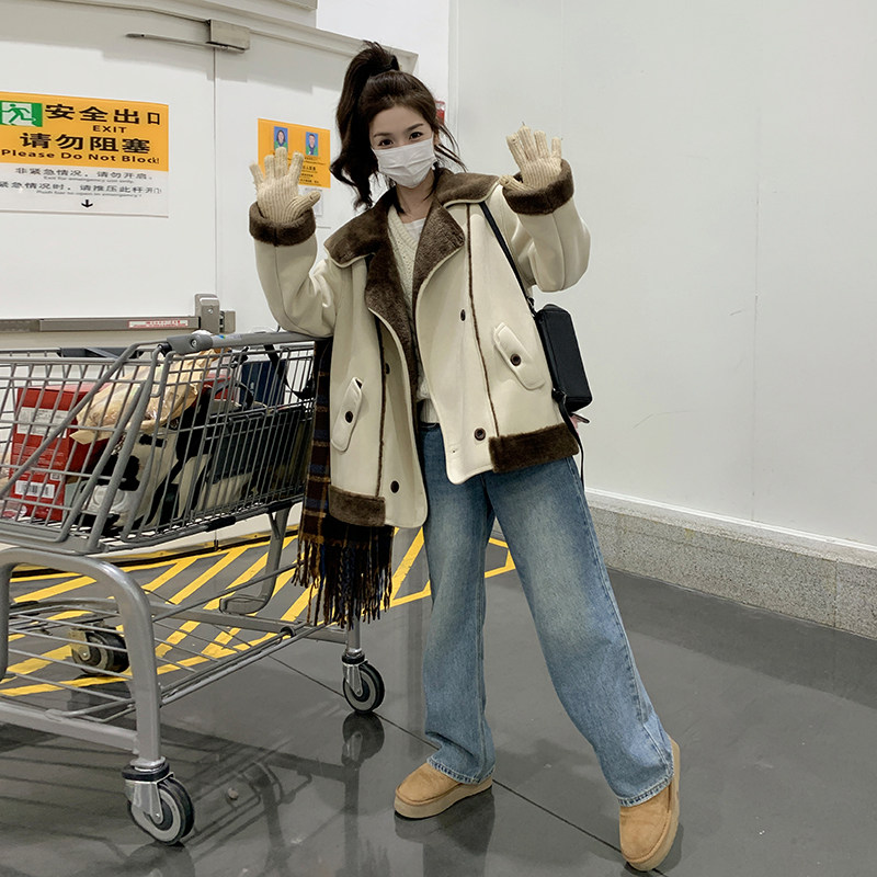 翻领羊羔毛皮毛一体加绒加厚外套2525-p195-288,女装派克服,2C159