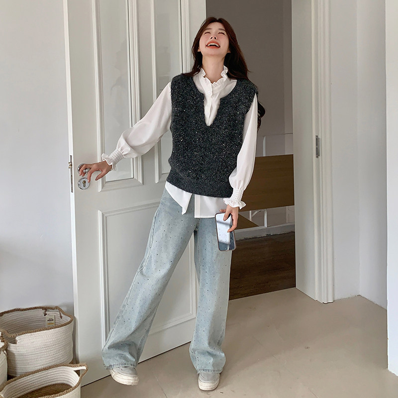 时尚新款气质款闪闪V领背心+甜美衬衫两件套6123P135K198,女装马甲,2C166