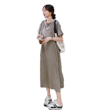 小众设计灰色休闲t恤连衣裙女夏2025新款超好看宽松显瘦气质长裙，女装连衣裙，2C095