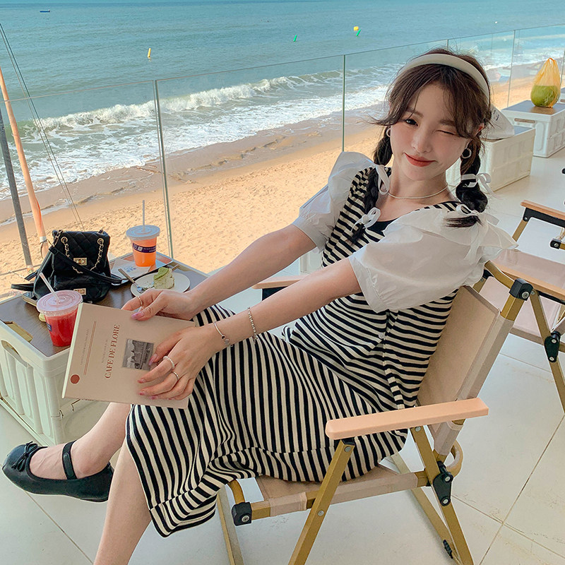 新款2C0106310P105K158长款撞色条纹气质显瘦连衣裙,女装连衣裙,2C010