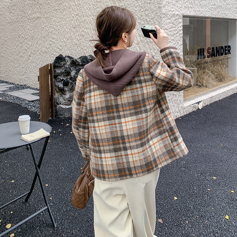 韩系棕色格纹毛呢外套女秋冬2025新款小个子气质百搭流行爆款大衣,女装毛呢外套,2C203