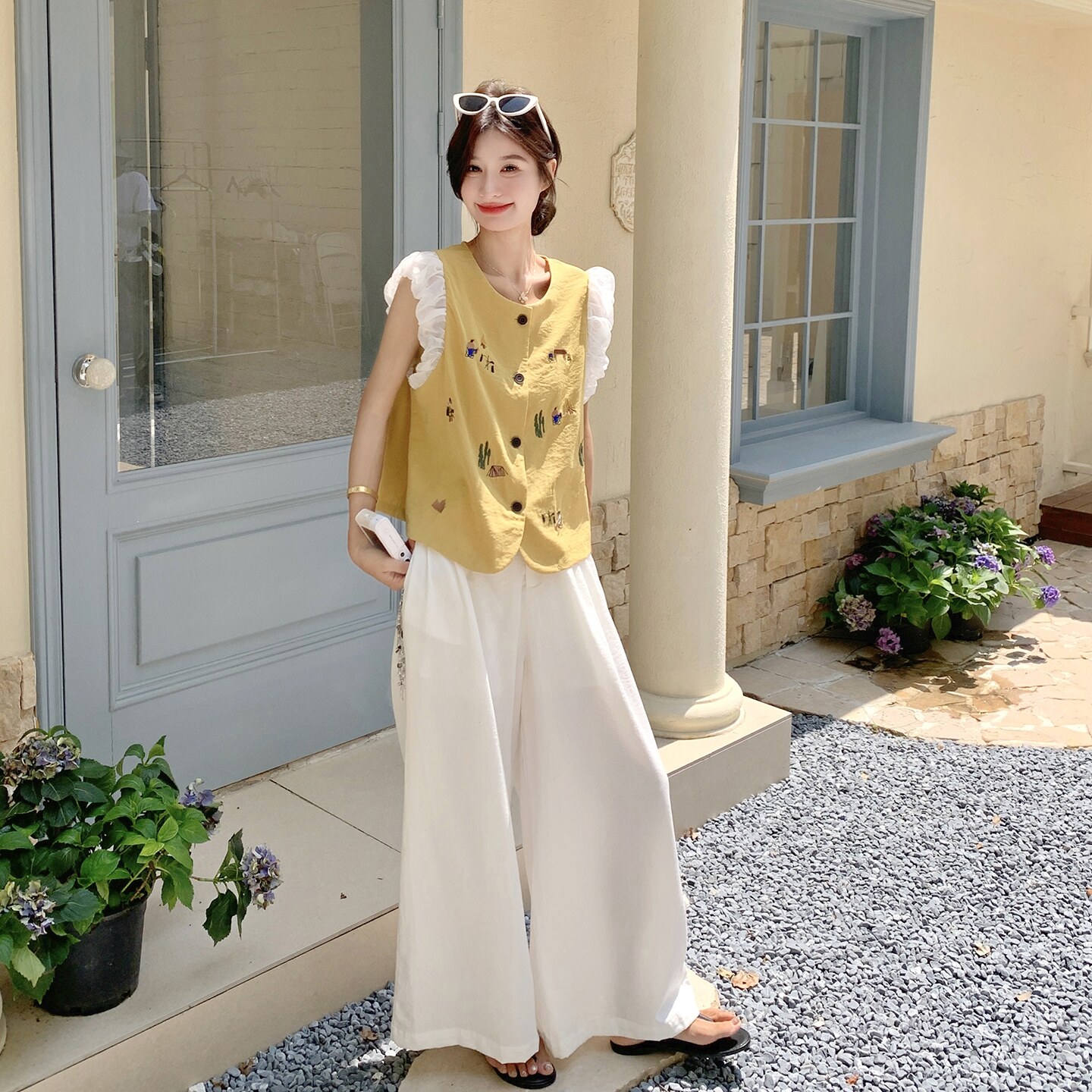 童趣风刺绣撞色黄色马甲阔腿裤套装女2025年夏季新款温柔系两件套,女装套装/套裙,2C166